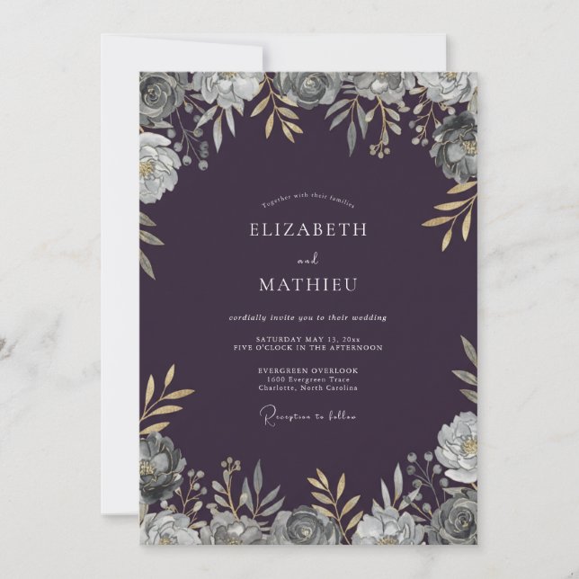 Invitation Mariage Eucalyptus Doux Feuillage Prune Doré (Devant)