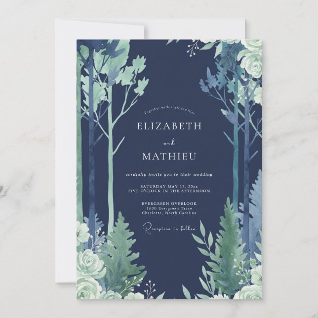 Invitation Mariage Eucalyptus en Forêt de Pins de Minuit (Devant)