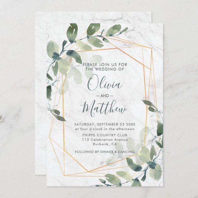 Invitation Mariage Eucalyptus en or géométrique marbre (Devant / Derrière)
