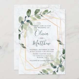 Invitation Mariage Eucalyptus en or géométrique marbre