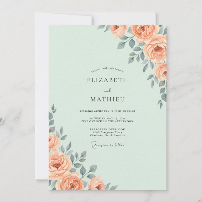 Invitation Mariage Eucalyptus Feuillage Abricot Menthe (Devant)