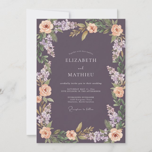 Invitation Mariage Eucalyptus Feuillage Abricot Prune (Devant)