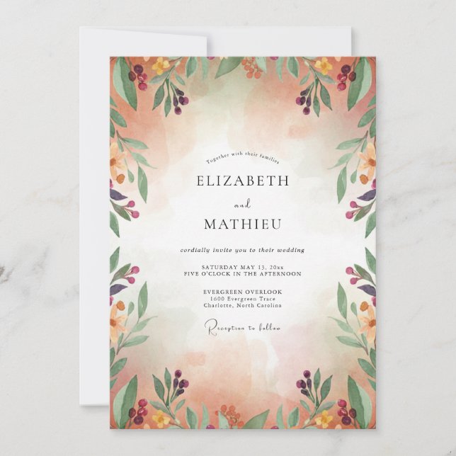 Invitation Mariage Eucalyptus Feuillage Abricot Prune (Devant)