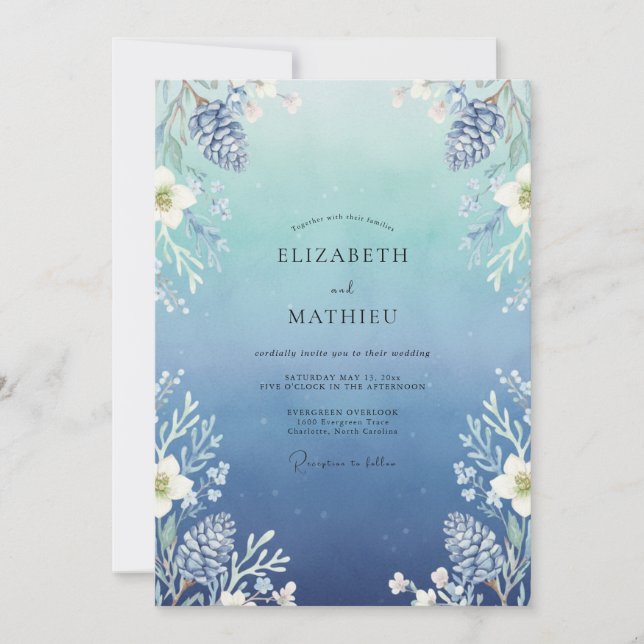 Invitation Mariage Eucalyptus Feuillage Acier Azur (Devant)