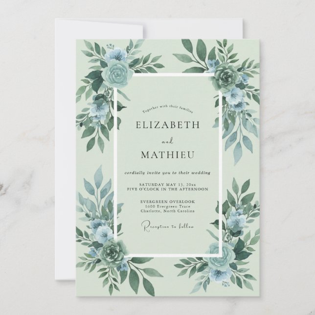 Invitation Mariage Eucalyptus Feuillage Acier Mousse de Mer (Devant)