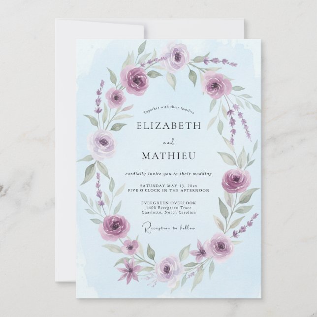 Invitation Mariage Eucalyptus Feuillage Améthyste Ciel (Devant)