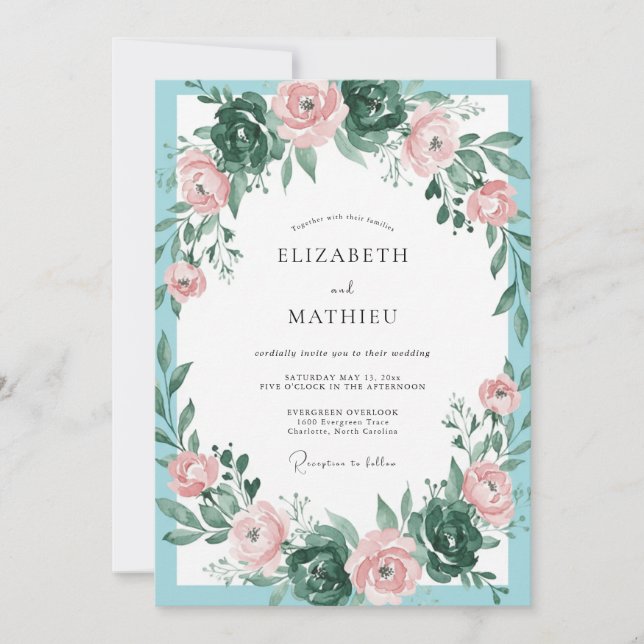 Invitation Mariage Eucalyptus Feuillage Aqua Pêche (Devant)