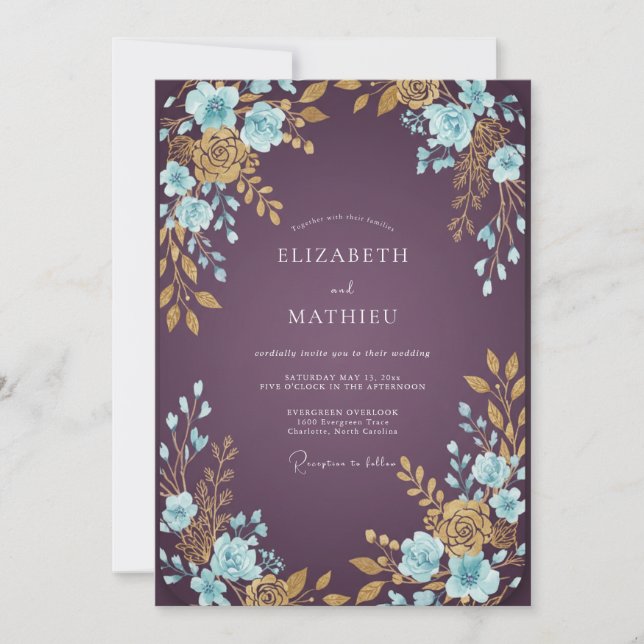 Invitation Mariage Eucalyptus Feuillage Aqua prune (Devant)