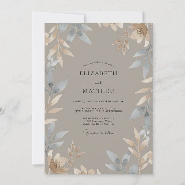 Invitation Mariage Eucalyptus Feuillage Ardoise Taupe (Devant)