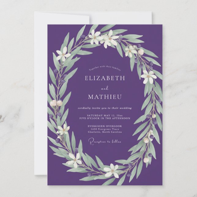 Invitation Mariage Eucalyptus Feuillage Argent Améthyste (Devant)