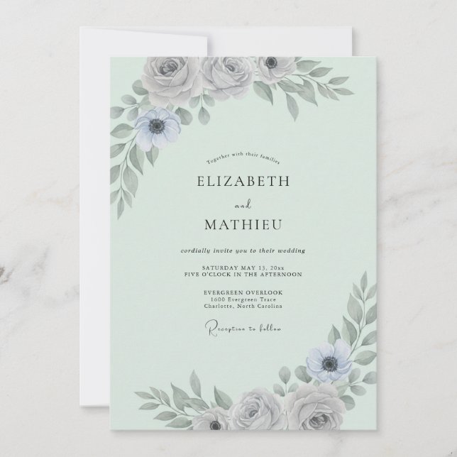 Invitation Mariage Eucalyptus Feuillage Argent Menthe (Devant)