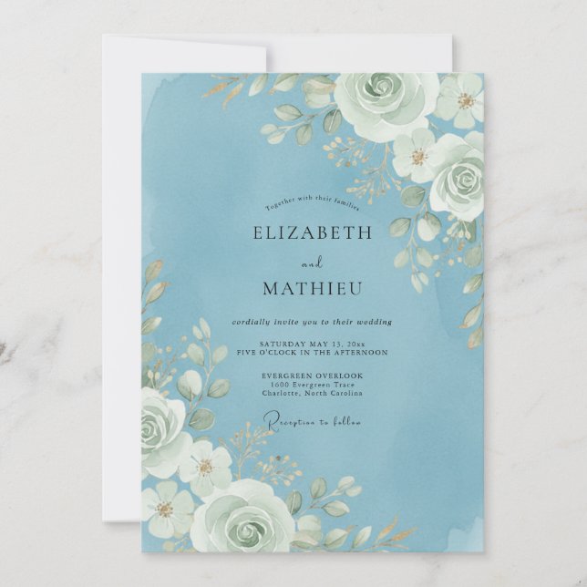 Invitation Mariage Eucalyptus Feuillage Blanc Ciel (Devant)