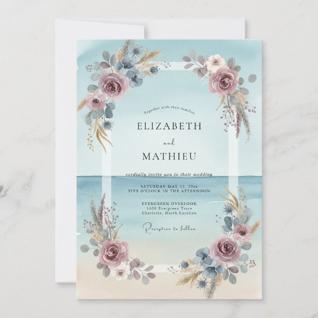 Invitation Mariage Eucalyptus Feuillage Bordeaux Aqua (Devant)