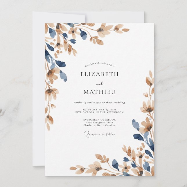 Invitation Mariage Eucalyptus Feuillage Champagne Indigo (Devant)