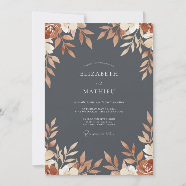 Invitation Mariage Eucalyptus Feuillage Charbon de Bois Rouil (Devant)
