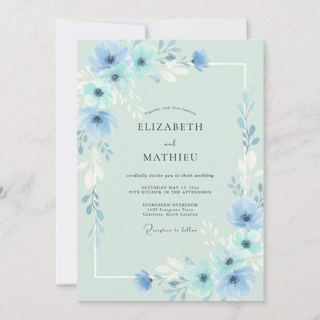 Invitation Mariage Eucalyptus Feuillage Ciel Mousse de Mer (Devant)