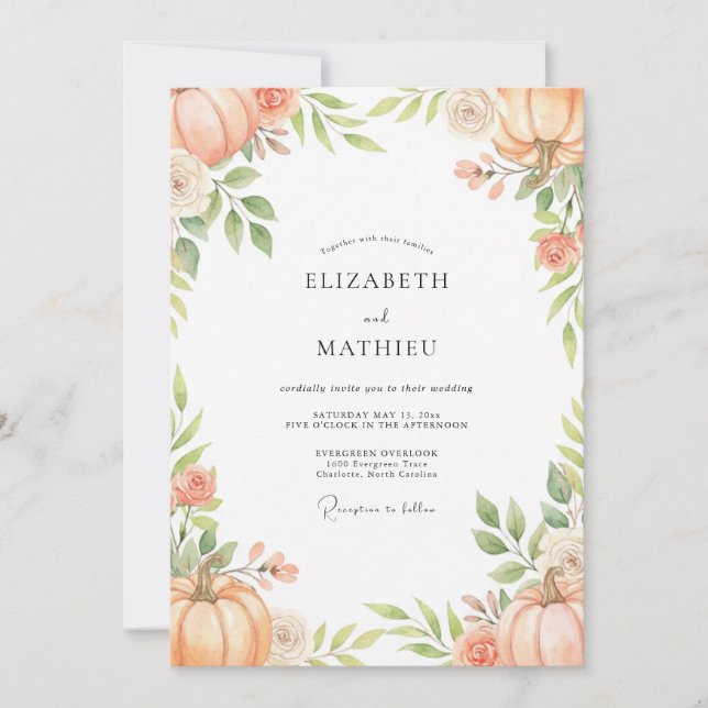Invitation Mariage Eucalyptus Feuillage Citrouille Abricot (Devant)