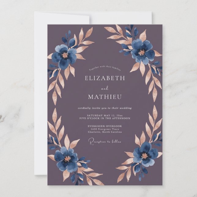 Invitation Mariage Eucalyptus Feuillage Cuivre Améthyste (Devant)