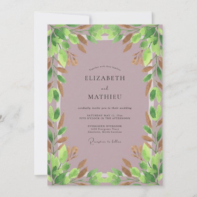 Invitation Mariage Eucalyptus Feuillage Cuivre Mauve (Devant)