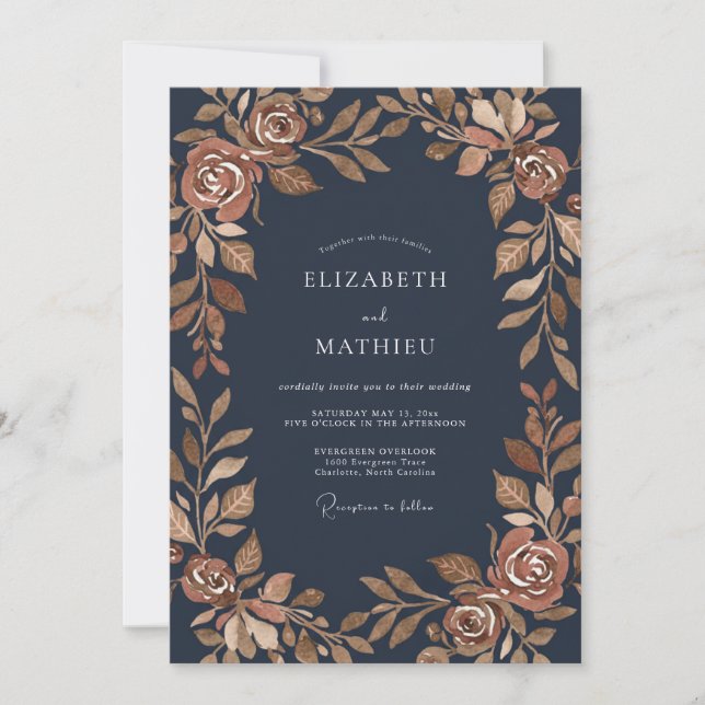 Invitation Mariage Eucalyptus Feuillage de Cuivre de Minuit (Devant)
