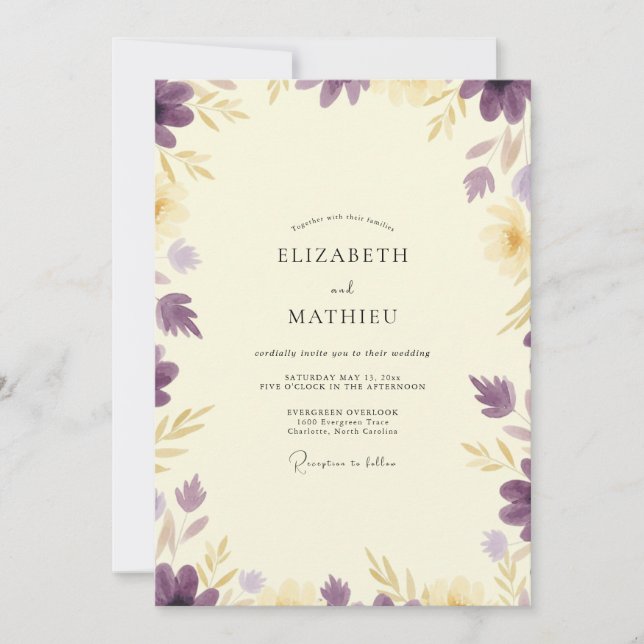 Invitation Mariage Eucalyptus Feuillage Doré Lavande (Devant)