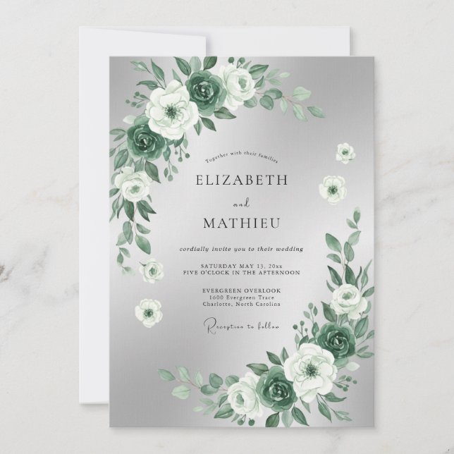 Invitation Mariage Eucalyptus Feuillage Émeraude Argenté (Devant)