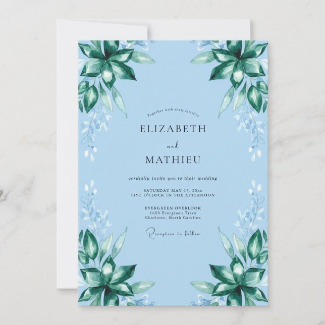 Invitation Mariage Eucalyptus Feuillage Émeraude Azur (Devant)
