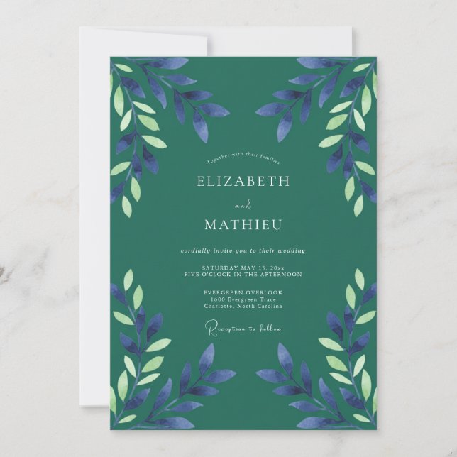 Invitation Mariage Eucalyptus Feuillage Indigo Sarcelle (Devant)