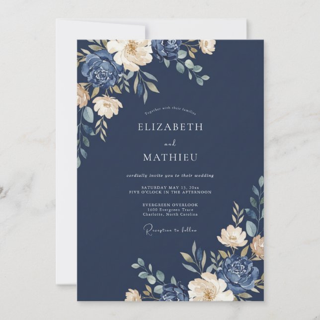 Invitation Mariage Eucalyptus Feuillage Ivoire Indigo (Devant)
