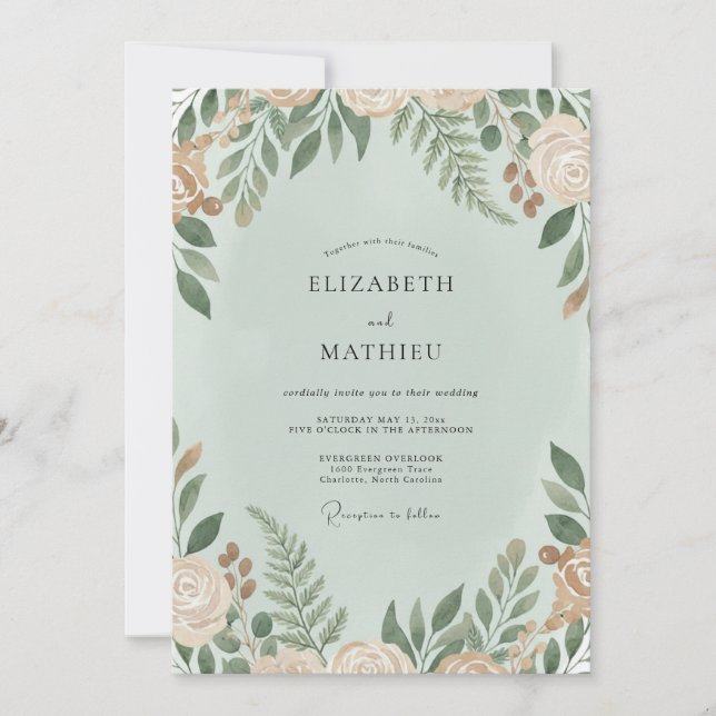 Invitation Mariage Eucalyptus Feuillage Ivoire Menthe (Devant)