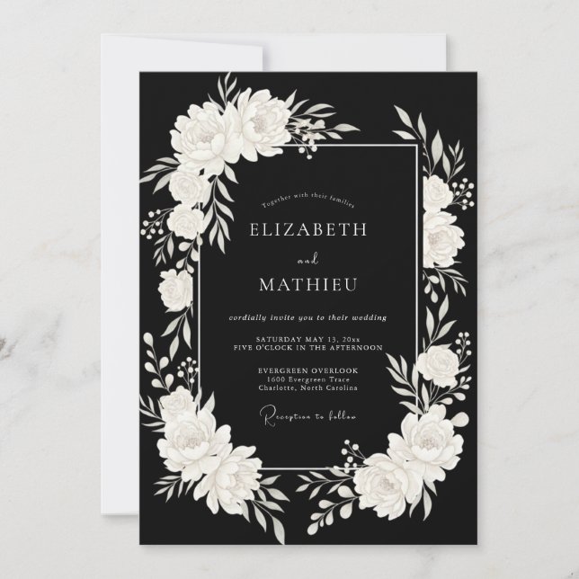 Invitation Mariage Eucalyptus Feuillage Ivoire Noir (Devant)