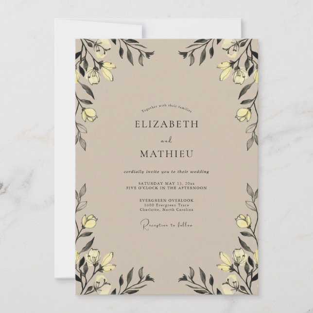 Invitation Mariage Eucalyptus Feuillage Jaune Beige (Devant)