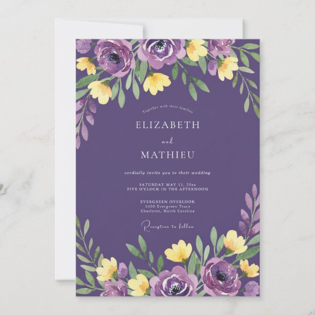 Invitation Mariage Eucalyptus Feuillage Jaune Violet (Devant)