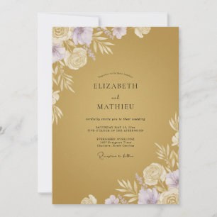 Invitation Mariage Eucalyptus Feuillage Lilas Or Moutarde