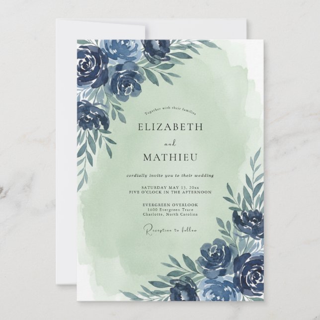 Invitation Mariage Eucalyptus Feuillage Menthe Navy (Devant)