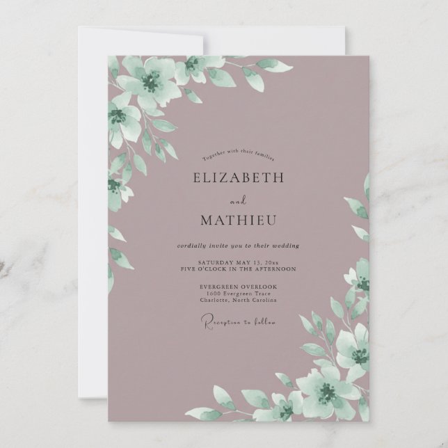 Invitation Mariage Eucalyptus Feuillage Menthe Rose Antique (Devant)