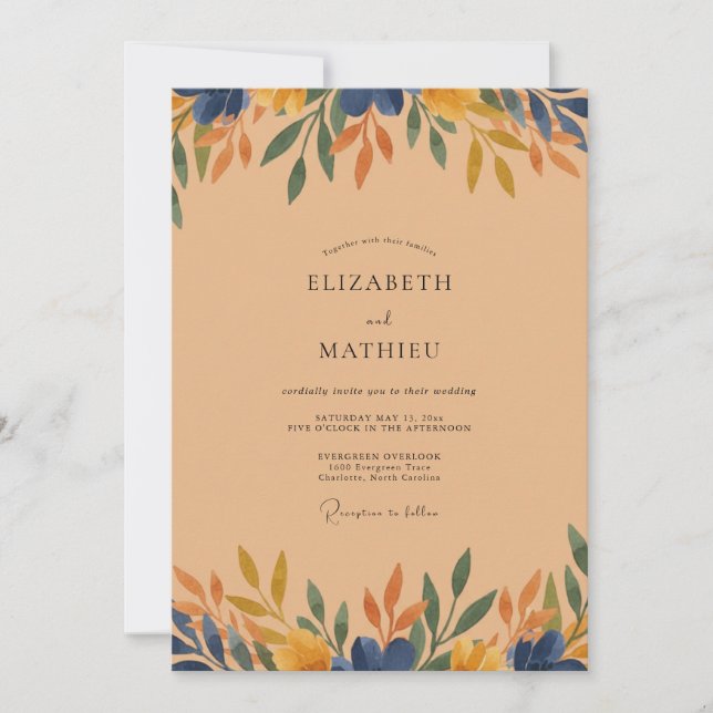 Invitation Mariage Eucalyptus Feuillage Ocres Navy (Devant)
