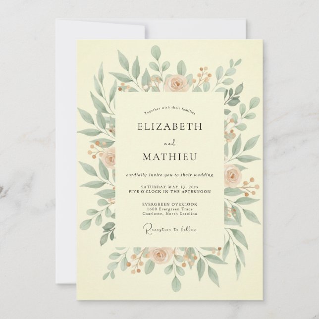 Invitation Mariage Eucalyptus Feuillage Olive Pêche (Devant)