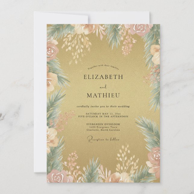Invitation Mariage Eucalyptus Feuillage Or Antique (Devant)