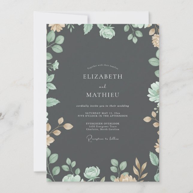 Invitation Mariage Eucalyptus Feuillage Or Charbon (Devant)