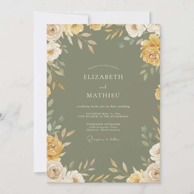 Invitation Mariage Eucalyptus Feuillage Or Olive Assourdi (Devant)