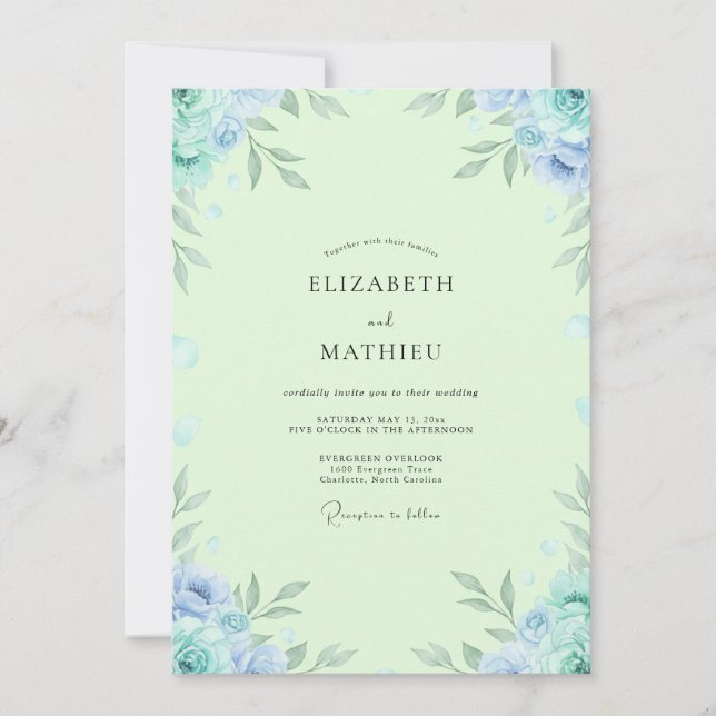 Invitation Mariage Eucalyptus Feuillage Pervenche Menthe (Devant)