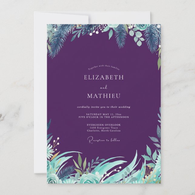 Invitation Mariage Eucalyptus Feuillage Tropical prune (Devant)