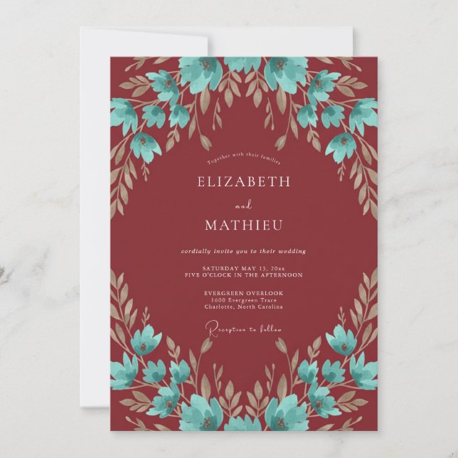 Invitation Mariage Eucalyptus Feuillage Turquoise Bourgogne (Devant)