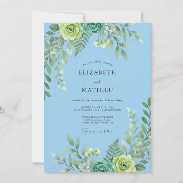 Invitation Mariage Eucalyptus Feuillage Vert Menthe Ciel (Devant)