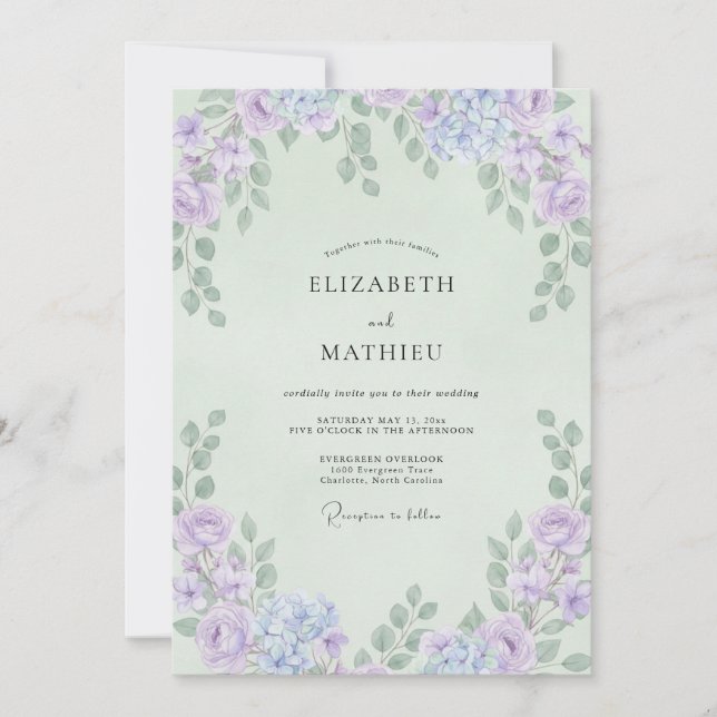 Invitation Mariage Eucalyptus Feuillage Violet Menthe (Devant)