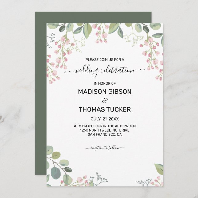 Invitation Mariage Eucalyptus Feuilles Et Fleurs Roses (Devant / Derrière)