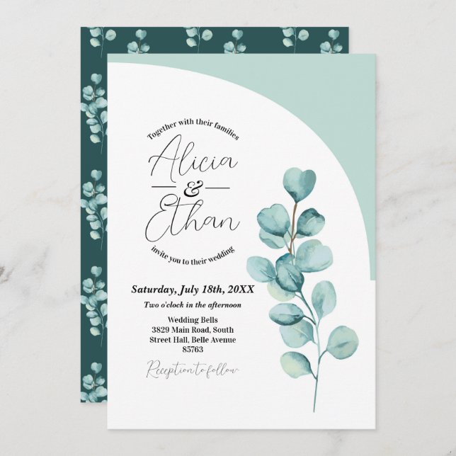 Invitation Mariage Eucalyptus Feuilles Vert Simple Élégant (Devant / Derrière)