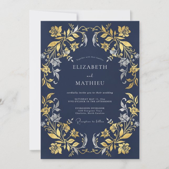 Invitation Mariage Eucalyptus Filigrane Doré de Minuit (Devant)