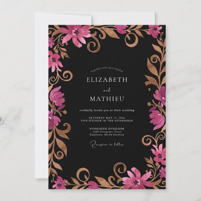 Invitation Mariage Eucalyptus Filigrane Or Magenta (Devant)